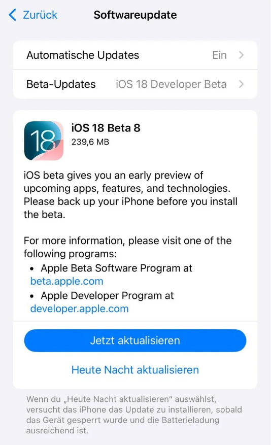 梧州苹果手机维修分享苹果 iOS / iPadOS 18 开发者预览版 Beta 8 发布 